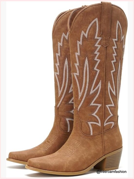 Shoes - Cowboy Boots Women Cowgirl Western Pointed Toe Chunky Heel Embroidered Knee